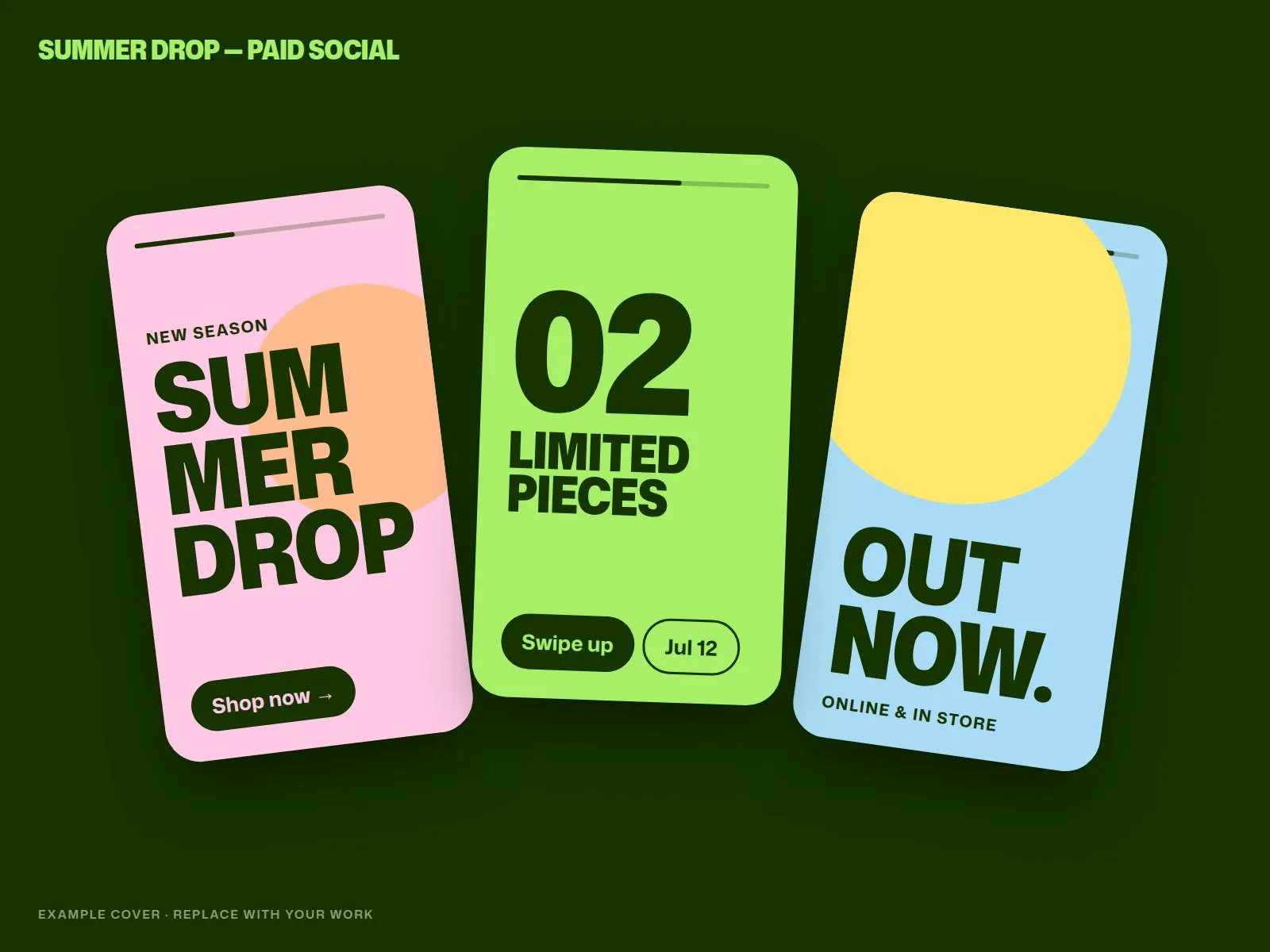 Three Instagram story ads for the Summer Drop campaign in pink, lime and light blue